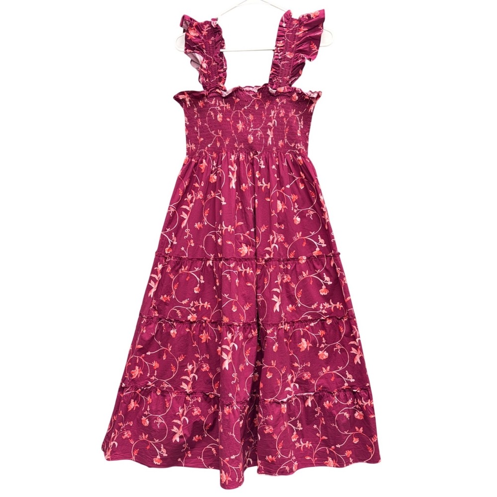 Hill House Home The Ellie Nap Dress Burgundy Floral Smocked Tiered Midi Size M - Picture 2 of 13